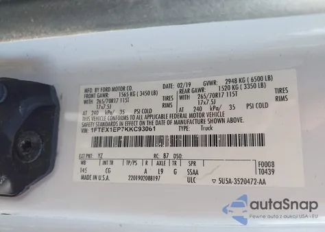 2019 Ford F-150 Xl из США, поврежденный, VIN 1FTEX1EP7KKC93061